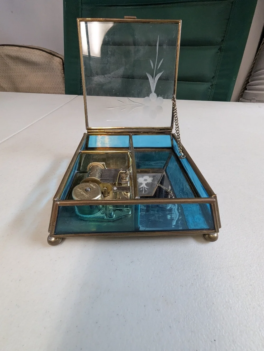 Vintage Blue Glass Trinket Music Box Plays Lara's Theme Sankyo Working